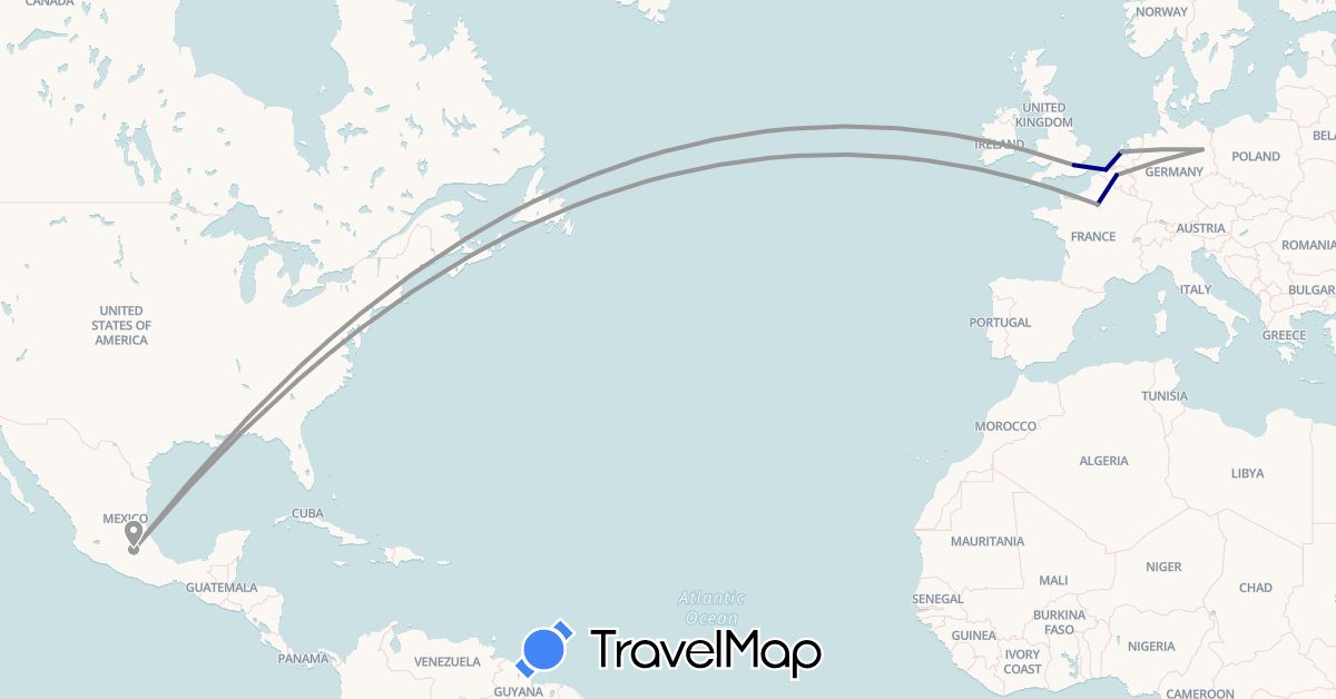 TravelMap itinerary: driving, plane in Belgium, Germany, France, United Kingdom, Mexico, Netherlands (Europe, North America)